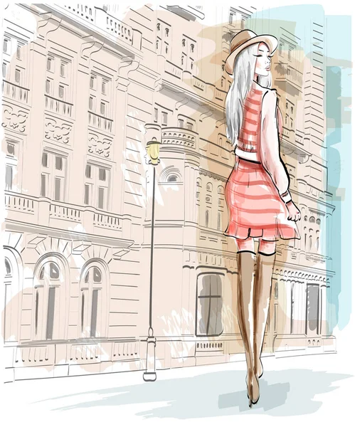 Mujer de moda dibujada a mano sobre un fondo de calle. Chica con estilo en un sombrero. Conjunto de bocetos. Ilustración vectorial . — Vector de stock