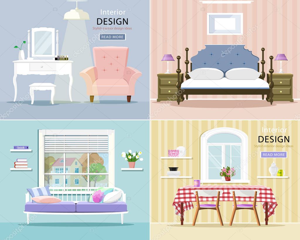 Modern room interiors set. Stylish graphic living room, bedroom and dining room. Flat style vector illustration. 