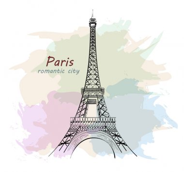 Eyfel Kulesi el çekilmiş. Paris. Kroki kule colofrul arka plan ile. Vektör çizim. 