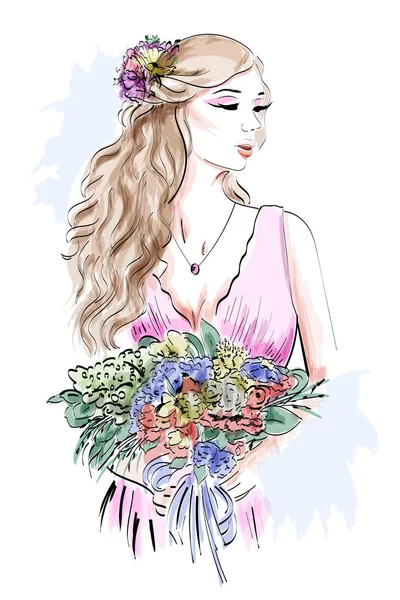 Portret van mooie jonge meisje met bloemen. Hand getekende vrouw in roze lente jurk. Schets. — Stockvector