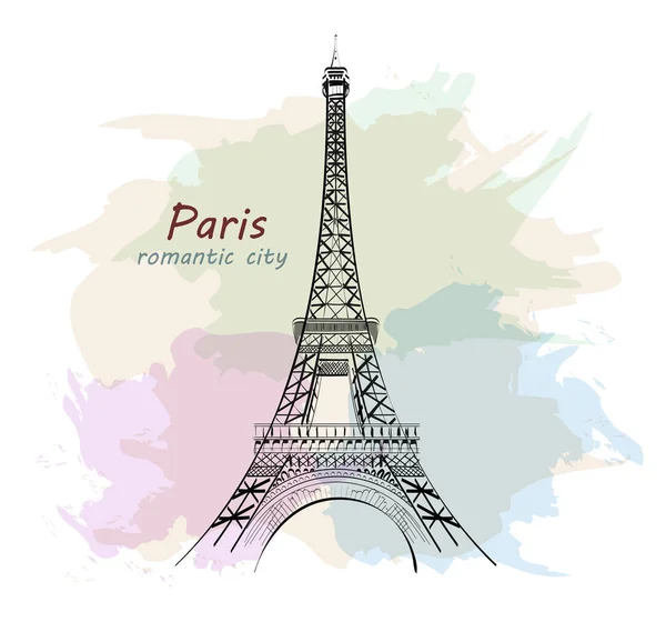 Hand drawn Eiffel Tower. Paris. Sketch tower with colofrul background. Vector illustration. — Stock Vector