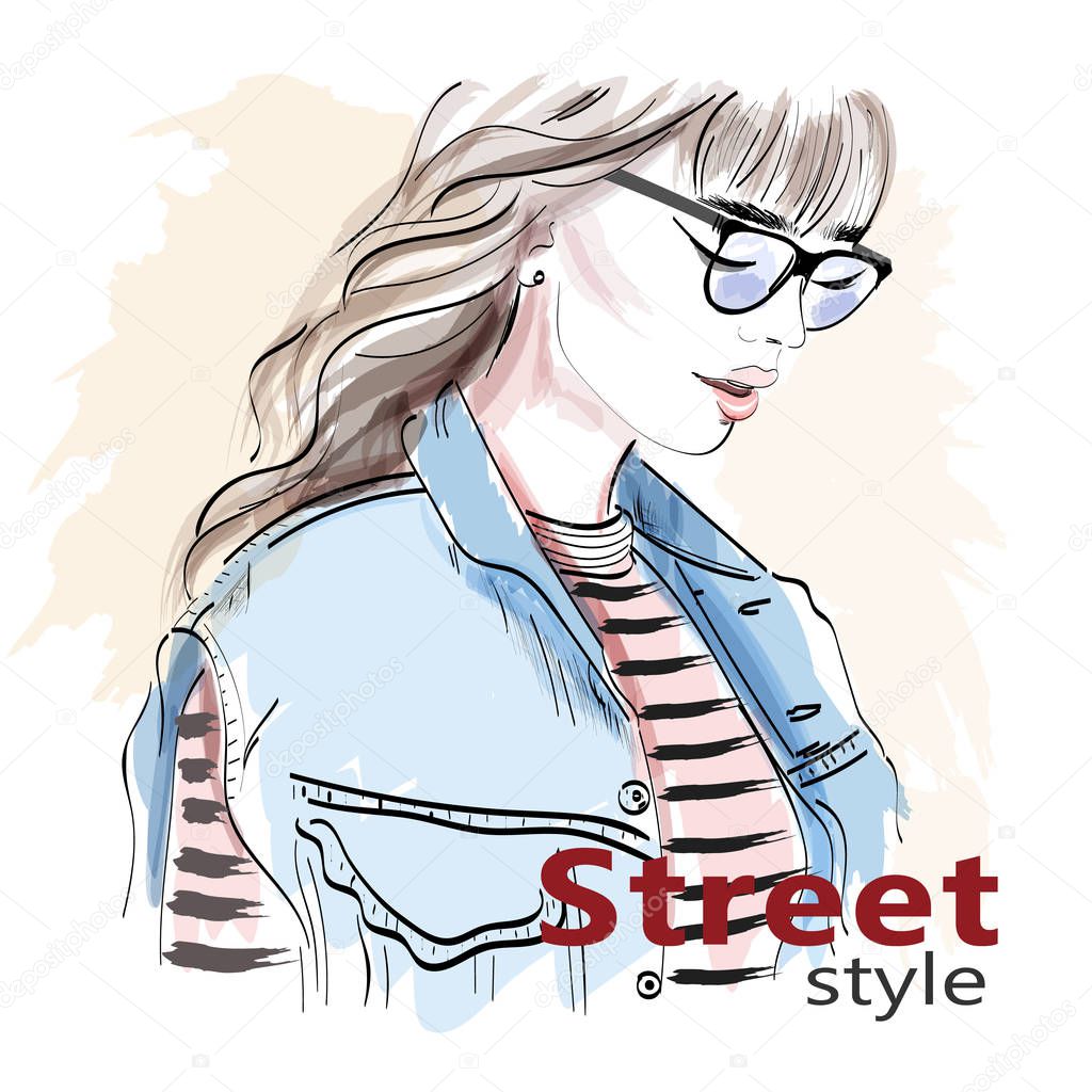 Stylish hand drawn girl in sunglasses. Fashion woman. Sketch. Vector illustration. 