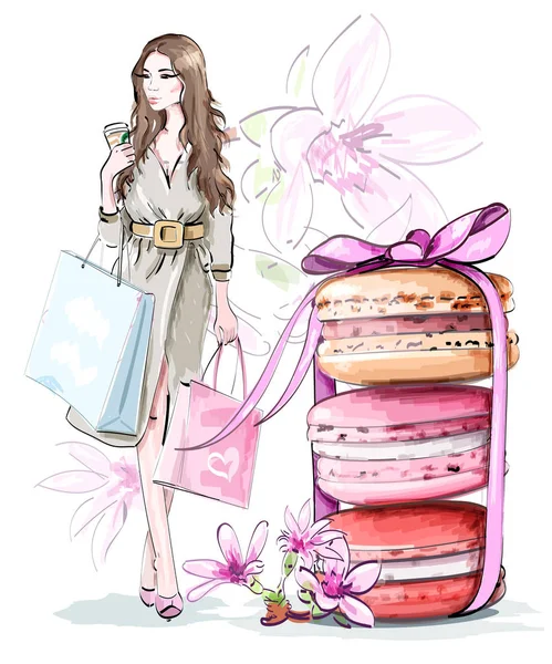 Schönes Sketch-Set: Modefrau mit Einkaufstaschen, süße süße Macarons mit Schleife und Blumen. Vektorillustration. — Stockvektor