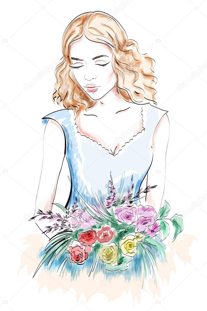 Beautiful young woman portrait. Woman with flowers. Sketch. Hand drawn girl. 