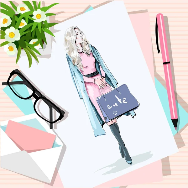 Vista superior da mesa com flores, papéis, esboço, caneta, envelope. Papel com mulher moda desenhada à mão com sacos. Ilustração vetorial . — Vetor de Stock