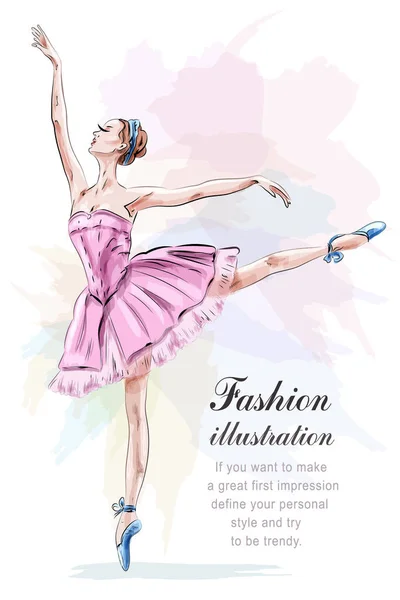 Junge und schöne Ballerina posiert und tanzt in modischem rosa Kleid. Vektorillustration. — Stockvektor