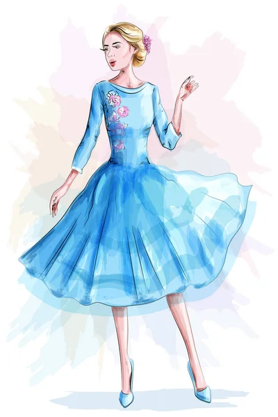 青いドレスのスタイリッシュな美しい少女。ファッションの女性。スケッチ。ベクトル図. — ストックベクタ