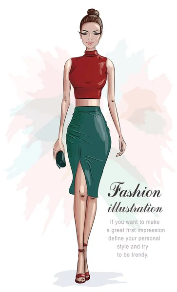 Stylish woman in fashion clothes: red crop top and green skirt. Beautiful fashion woman with hand bag. Sketch. Vector illustration. — Stock Vector