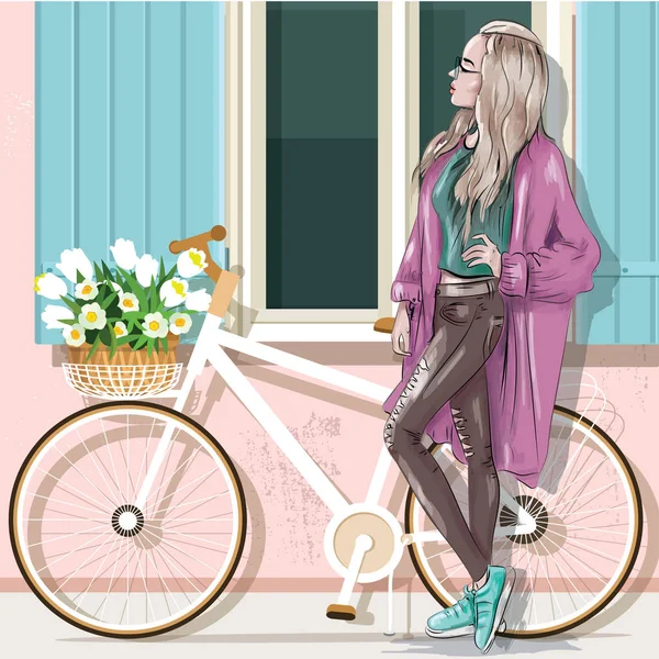 Belle fille en vêtements décontractés avec vélo et façade du bâtiment. Illustration vectorielle . — Image vectorielle