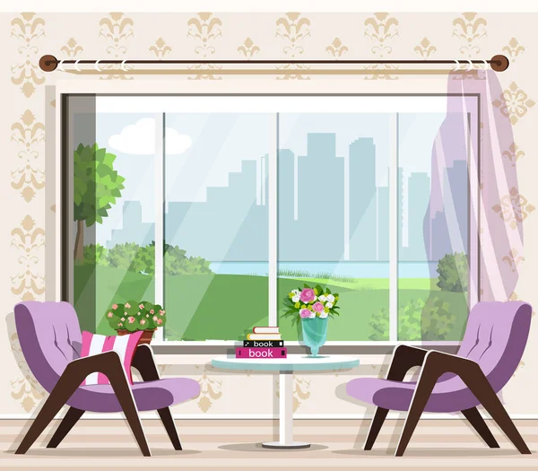 Ładny stylowy salon wnętrza zestaw: fotele, stół, okna. Graficzny meble. Projektowanie wnętrz luksusowych pokojach. Ilustracja wektorowa. — Wektor stockowy