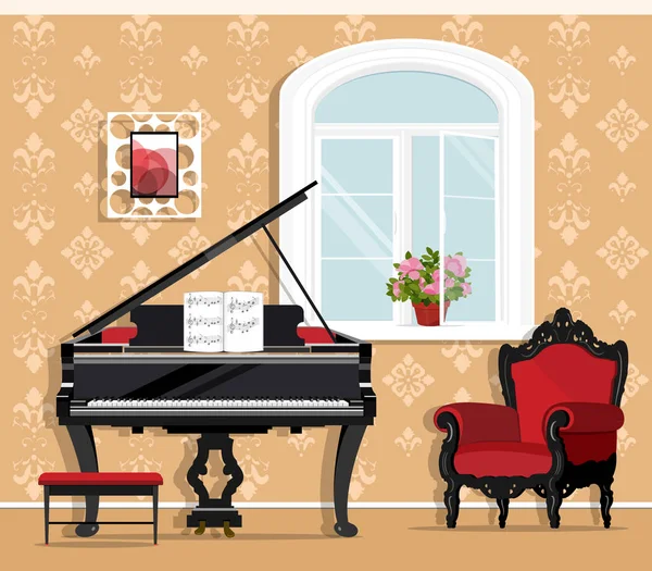 Nettes modisches Wohnzimmer mit Klavier, Sessel, Fenster, Blumentopf, kleinem Stuhl. stilvolles grafisches Raumset. flachen Stil Zimmer Interieur. Vektorillustration. — Stockvektor