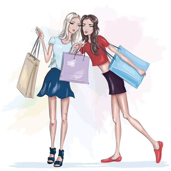 Wo beautiful slim girls with shopping bags. Fashion girls. Stylish pretty women. Sketch. Vector illustration. — Stock Vector