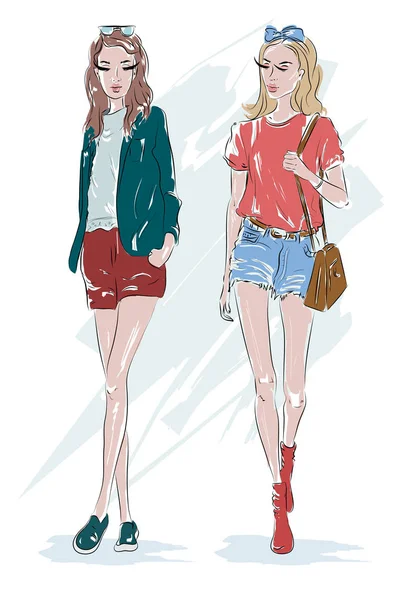 Dos chicas de moda: rubias y morenas. Mujeres dibujadas a mano con accesorios. Boceto. Ilustración vectorial . — Vector de stock