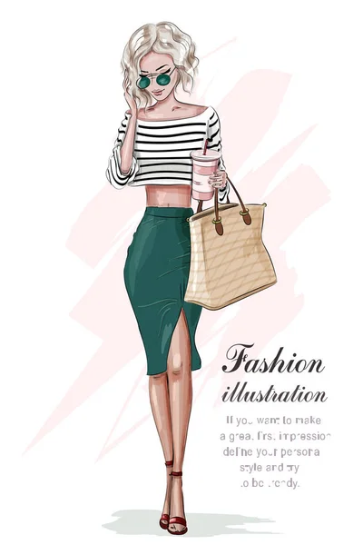 Moda Giyim, çanta ve kahve Kupası ile şık sarışın kız. El çekilmiş güzel bir kız. Kadın moda. Kroki. Vektör çizim. 