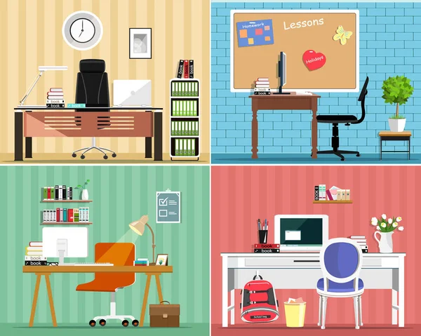 Conjunto de muebles gráficos frescos: mesas, sillas, computadoras, notas, algunos elementos de mobiliario. Diseño de interiores con estilo. Lindos muebles de oficina. Ilustración vectorial . — Vector de stock