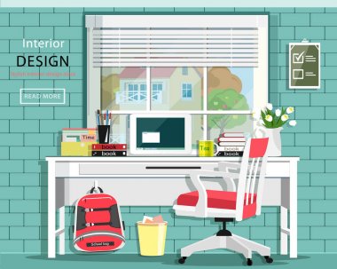 Grafik oda ayarla Resepsiyon, sandalye, penceresi, torba, kitaplar, Not Defteri ile. Şık ev ofis. Şirin Oda. Vektör çizim. 