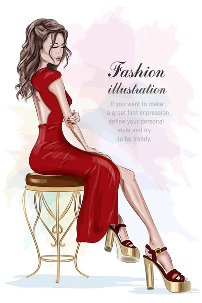 Belle femme de mode en robe rouge assise sur une chaise vintage. Croquis. Belle fille dessinée à la main. Illustration vectorielle . — Image vectorielle