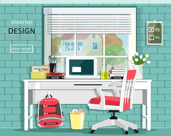 stock vector Graphic room set with desk, chair, window, bag, books, note book. Stylish home office. Cute room. Vector illustration. 