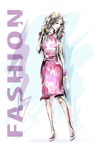 Fashion model. Hand drawn beautiful fashion woman. Stylish girl. Sketch. Vector illustration. — Stock Vector