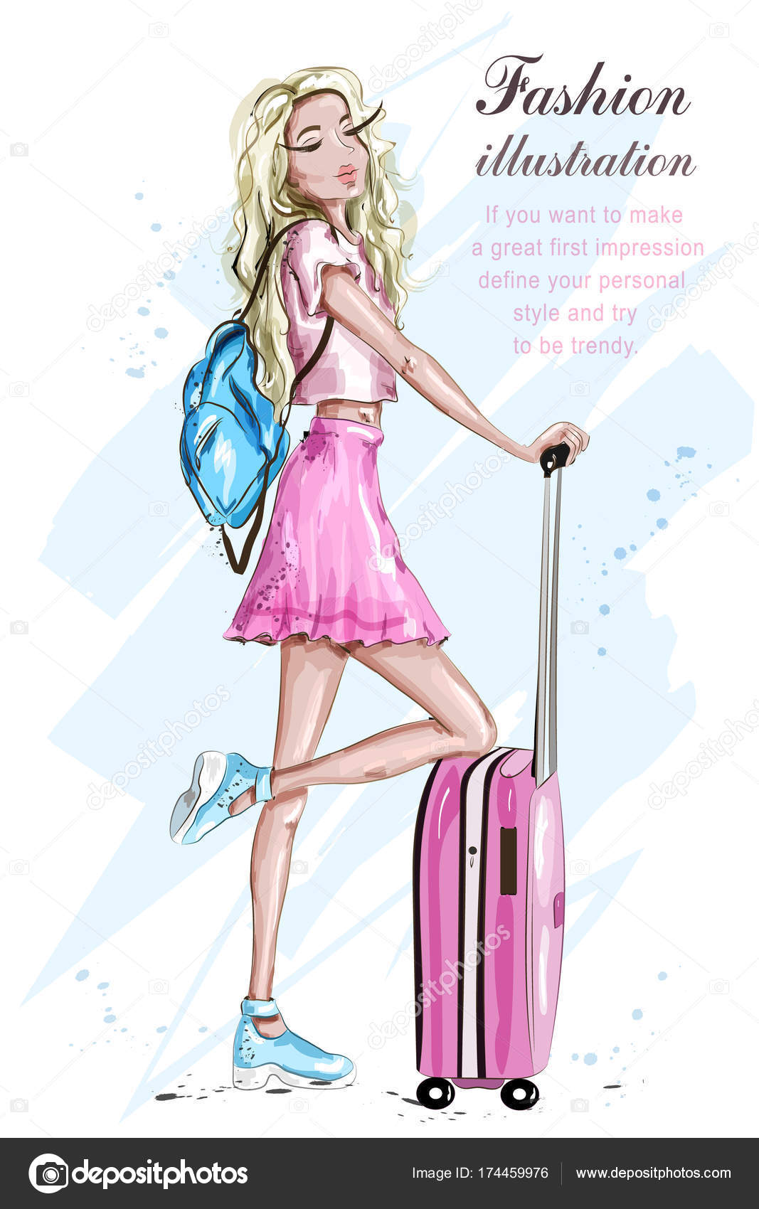 Fashion Girl With Suitcase Stylish Blonde Hair Woman In Fashion