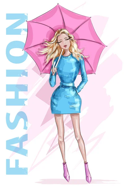 Mode jolie femme avec parapluie. Fille élégante avec des cheveux blonds. Croquis. Une fille de mode. Illustration vectorielle . — Image vectorielle