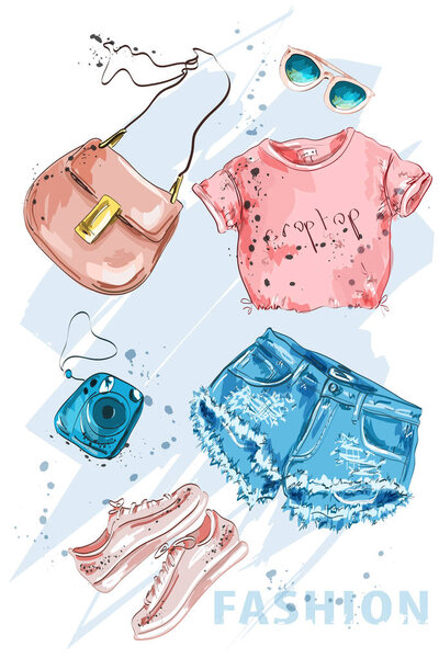 Fashion outfit. Stylish trendpy clothing: shorts, crop top, bag, shoes, sunglasses and photo camera. Fashion summer girl clothes set, accessories. Woman's fashion look. Sketch. Vector illustration. 