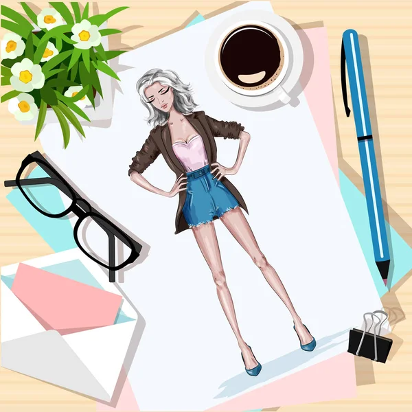 Vista superior da mesa com flores, papéis, esboço, caneta, envelope e xícara de café. Papel com mão desenhada mulher moda. Ilustração vetorial . — Vetor de Stock