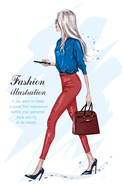 Yürüyen güzel moda kadın. Şık kız moda aksesuarları ile. Şık iş kadını. El çekilmiş moda modeli Güneş gözlüğü. Kroki. Vektör çizim. 