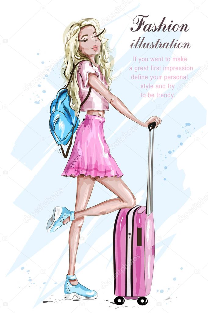 Fashion girl with suitcase. Stylish blonde hair woman in fashion clothes. Sketch. Travel set. Vector illustration. 