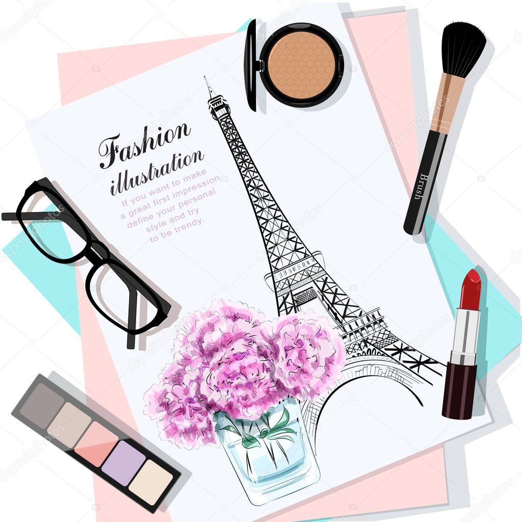 Top view of table with flowers, papers, sketch, eyeglasses and cosmetics. Paper with hand drawn fashion illustration. Hand drawn eiffel tower and flowers. Vector illustration. 