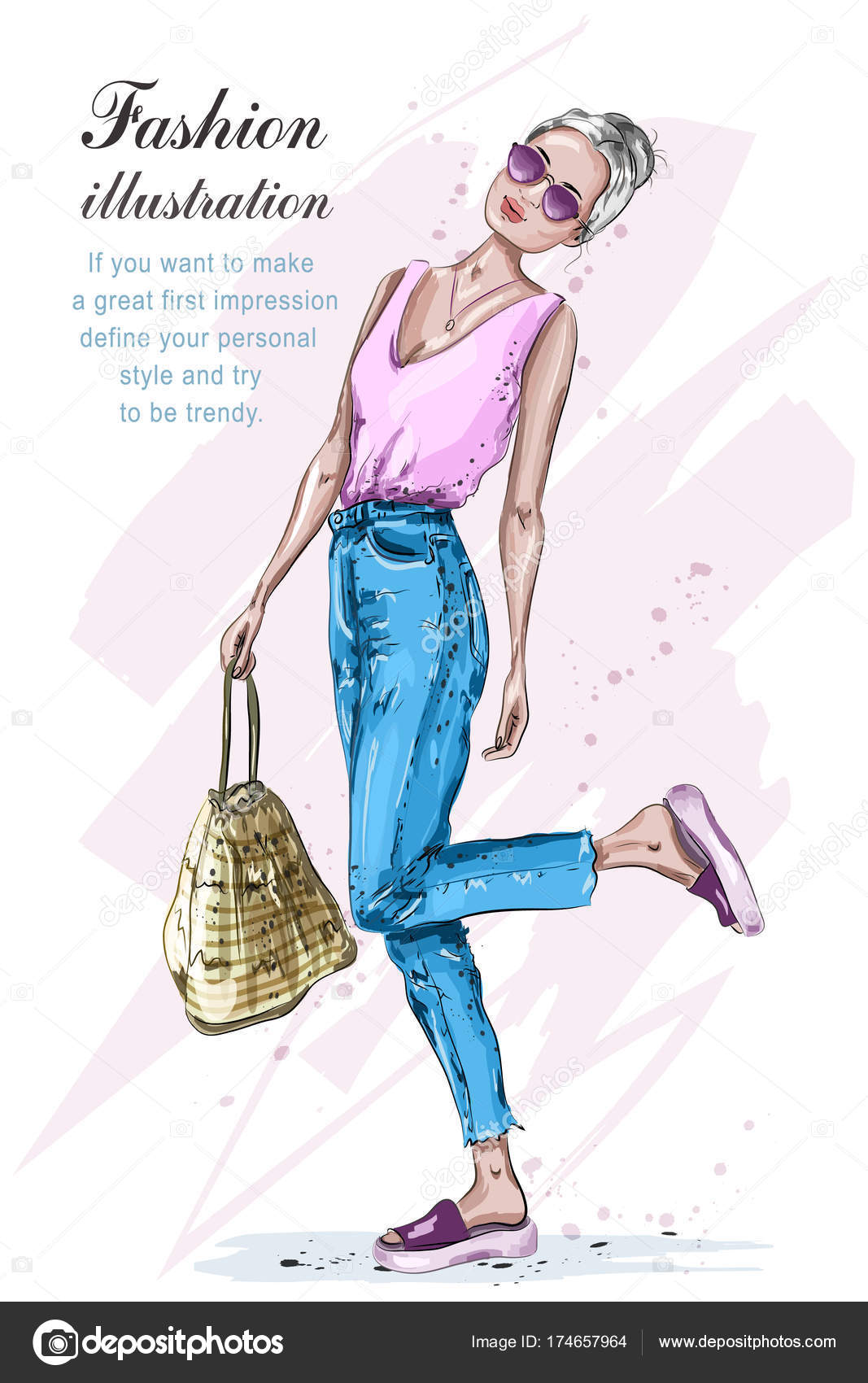 Cute stylish in fashion clothes. Fashion woman with bag. Hand drawn blonde hair woman. Sketch. Vector Stock Vector Image by ©Marisa_ #174657964