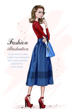 Güzel şık kadın moda giysileri. Moda model poz. Elle çizilmiş moda kız. Kroki. Vektör çizim.