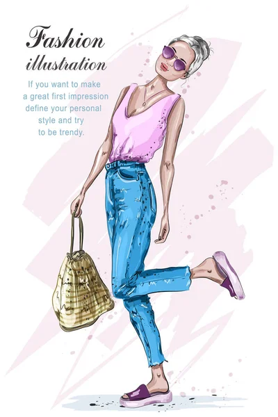 Jolie fille élégante en vêtements de mode. Femme de mode avec sac. Femme aux cheveux blonds dessinés à la main. Croquis. Illustration vectorielle . — Image vectorielle