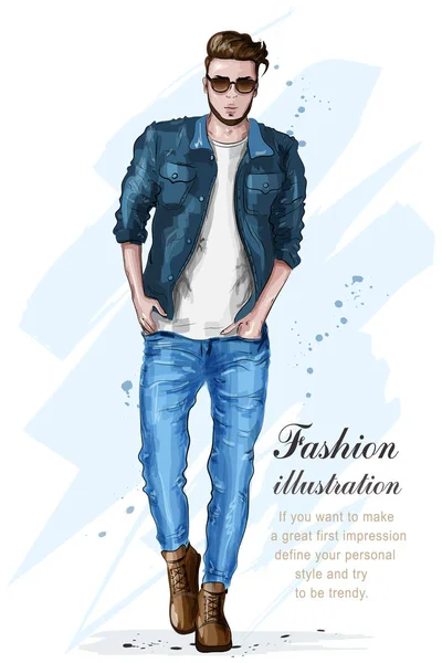 Stylish handsome man in fashion clothes. Fashion man. Hand drawn male model. Sketch. Vector illustration. — Stock Vector