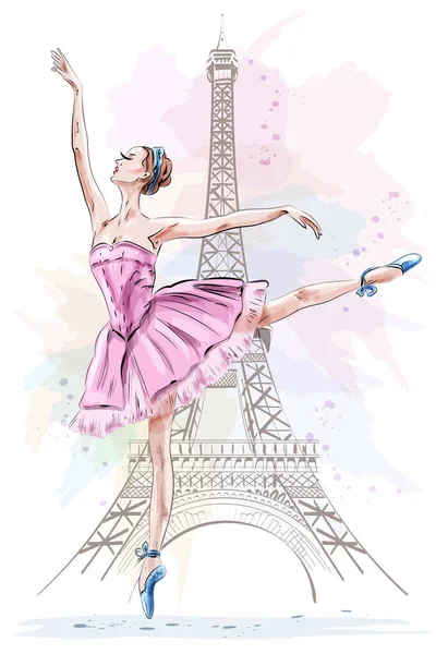 Bela bailarina posando e dançando no fundo da torre eiffel. Menina desenhada à mão. Dançarina de ballet. Esboço. Ilustração vetorial . — Vetor de Stock