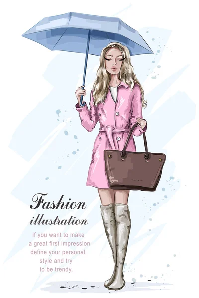 Cute fashion girl with umbrella. Stylish beautiful woman in fashion clothes. Hand drawn fashion model. Sketch. Vector illustration. — Stock Vector
