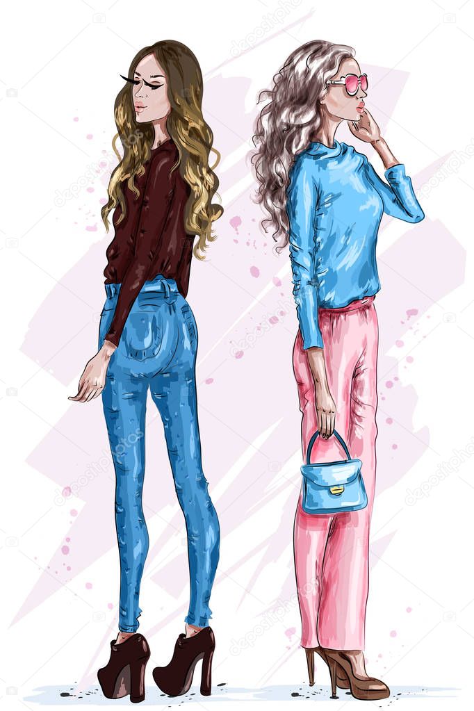 Two stylish beautiful women. Fashion girls with accessories. Hand drawn girls in fashion clothes. Fashion look. Sketch. Vector illustration. 