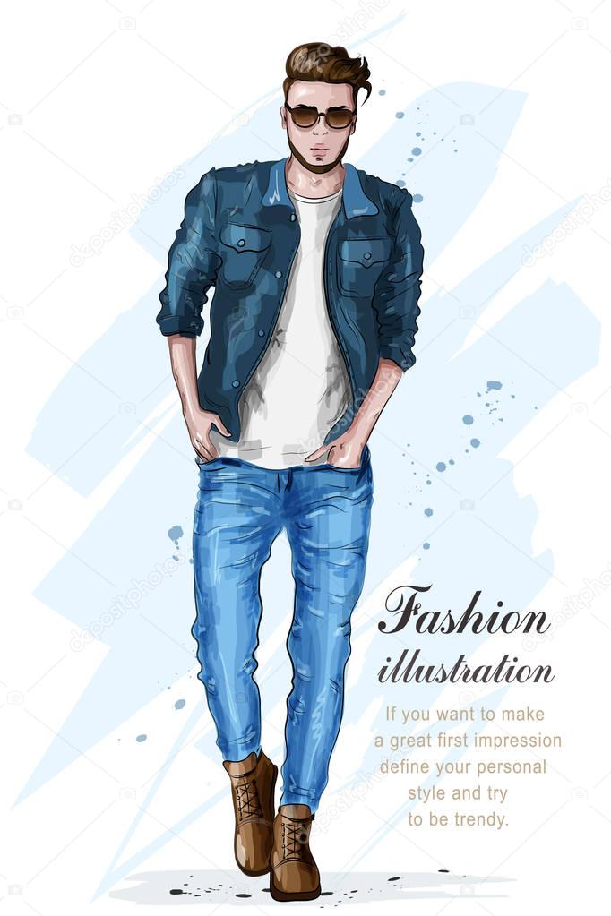 Stylish handsome man in fashion clothes. Fashion man. Hand drawn male model. Sketch. Vector illustration. 