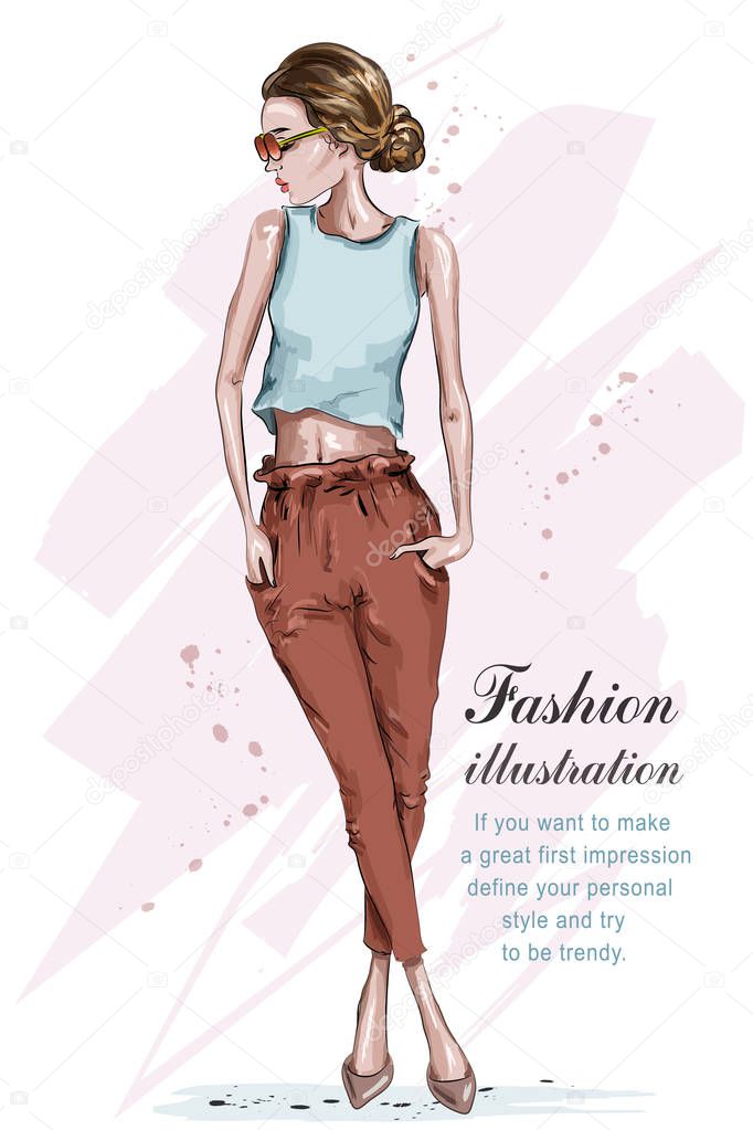Beautiful young fashion girl. Stylish woman in fashion clothes. Hand drawn girl in sunglasses. Sketch. Vector illustration. 