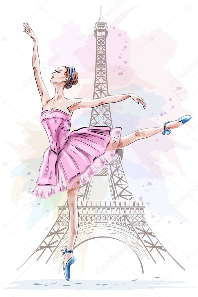 Hermosa Bailarina Posando Y Bailando Sobre Fondo De Torre Eiffel Chica