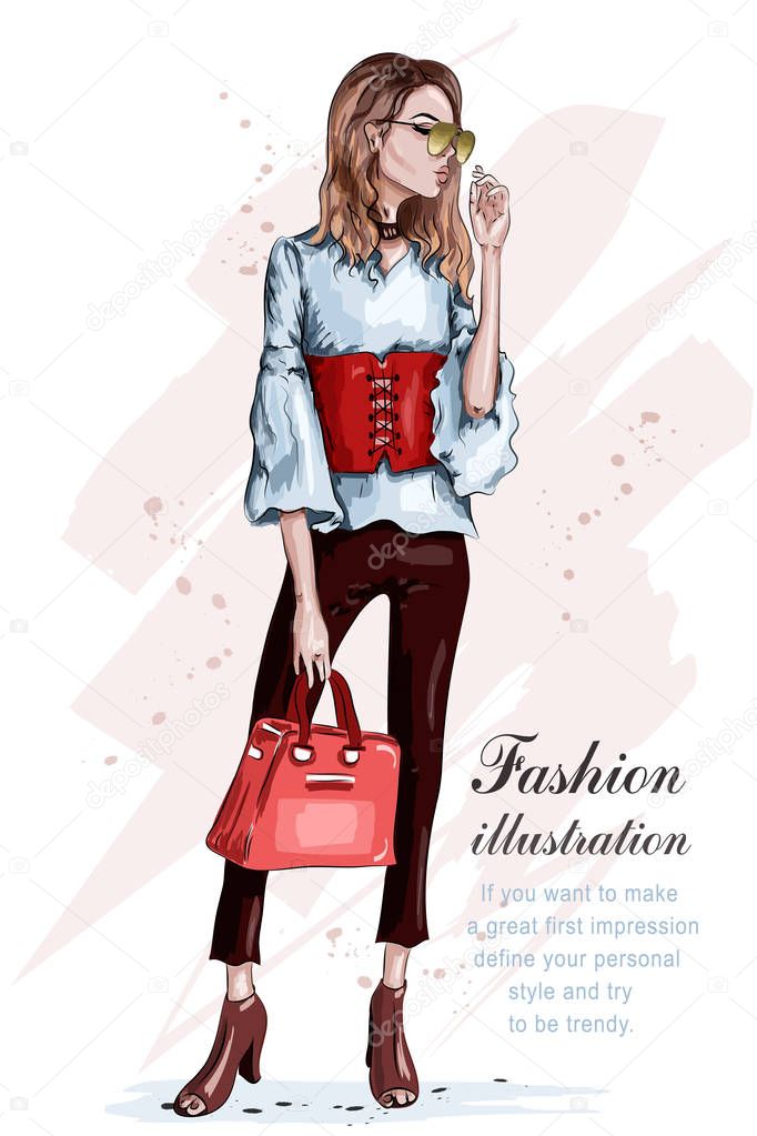 Cute stylish girl in fashion clothes. Fashion woman with bag. Hand drawn brunette woman. Sketch. Vector illustration.