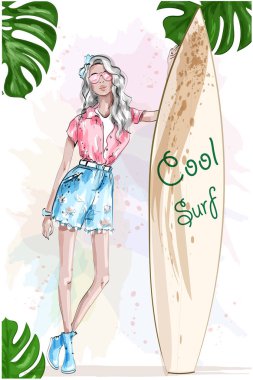 Güzel sarışın kız surfboard ile. Güzel spor kız. Yaz bak. Yaz dinlenme. Elle çizilmiş moda kız. Kroki. Vektör çizim. 