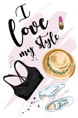 Şık moda giysileri, aksesuarları ve sloganı ile tarzı hakkında ayarlayın. Kroki. Vektör çizim. 