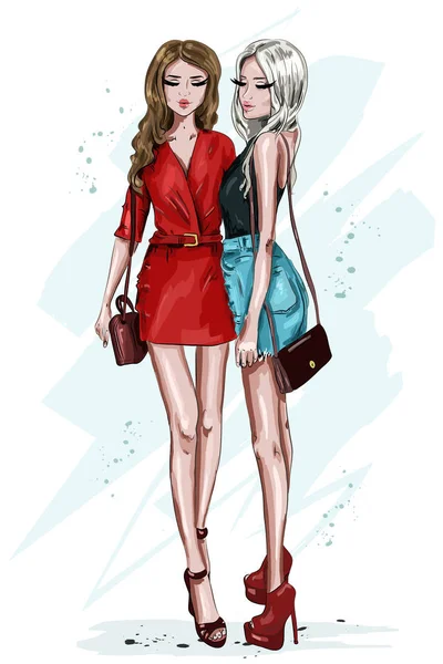 Twee Stijlvolle Mooi Meisje Met Accessoires Hand Getrokken Mode Vrouwen — Stockvector