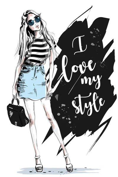 Femme Mode Avec Slogan Sur Fond Belle Fille Élégante Vêtements — Image vectorielle