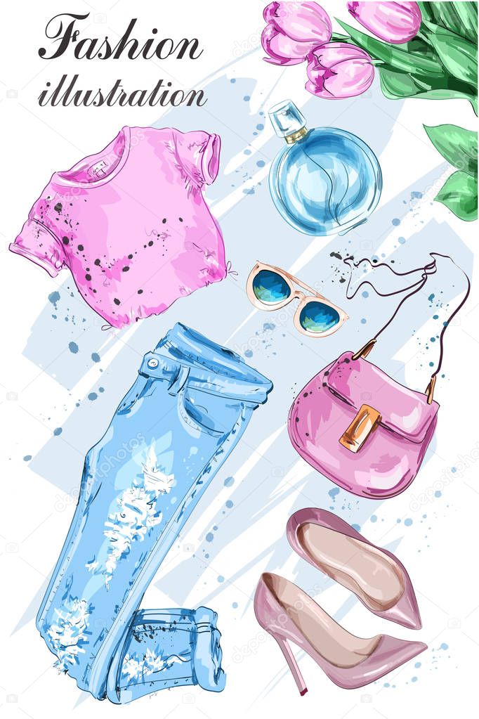 Fashion set with flowers, summer clothes, bag, sunglasses, shoes and perfume. Stylish summer clothing. Sketch. Vector illustration. 