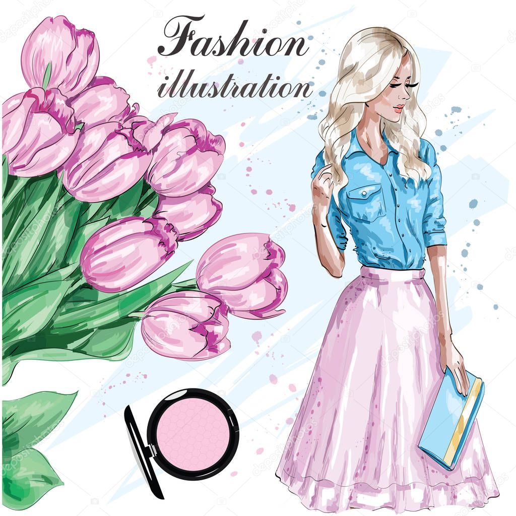 Fashion set with beautiful tulips and stylish girl. Beautiful fashion woman with hand bag. Sketch. Vector illustration. 