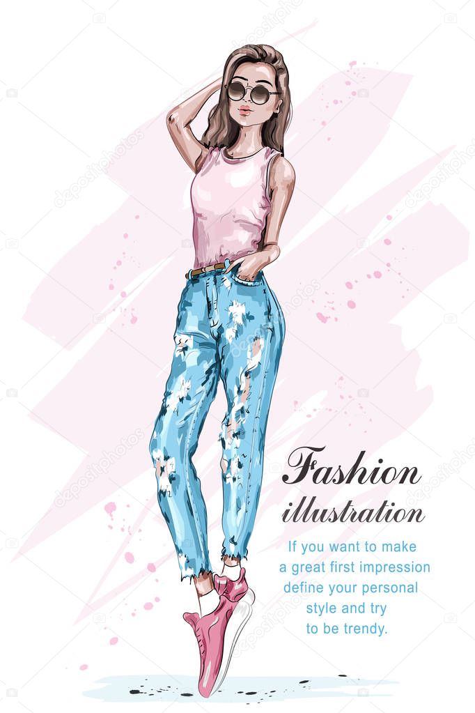 Stylish beautiful cool girl in sunglasses. Hand drawn fashion girl. Pretty woman in fashion clothes. Fashion look. Sketch. Vector illustration. 