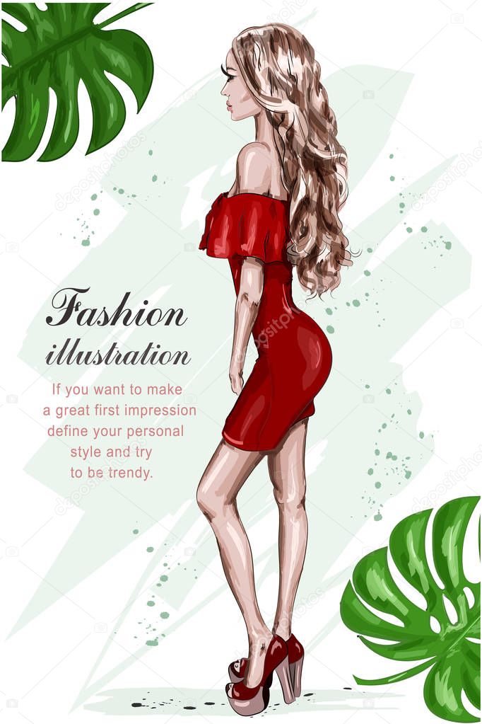 Beautiful young woman in red dress. Hand drawn fashion woman. Stylish girl. Fashion look. Sketch. Vector illustration. 