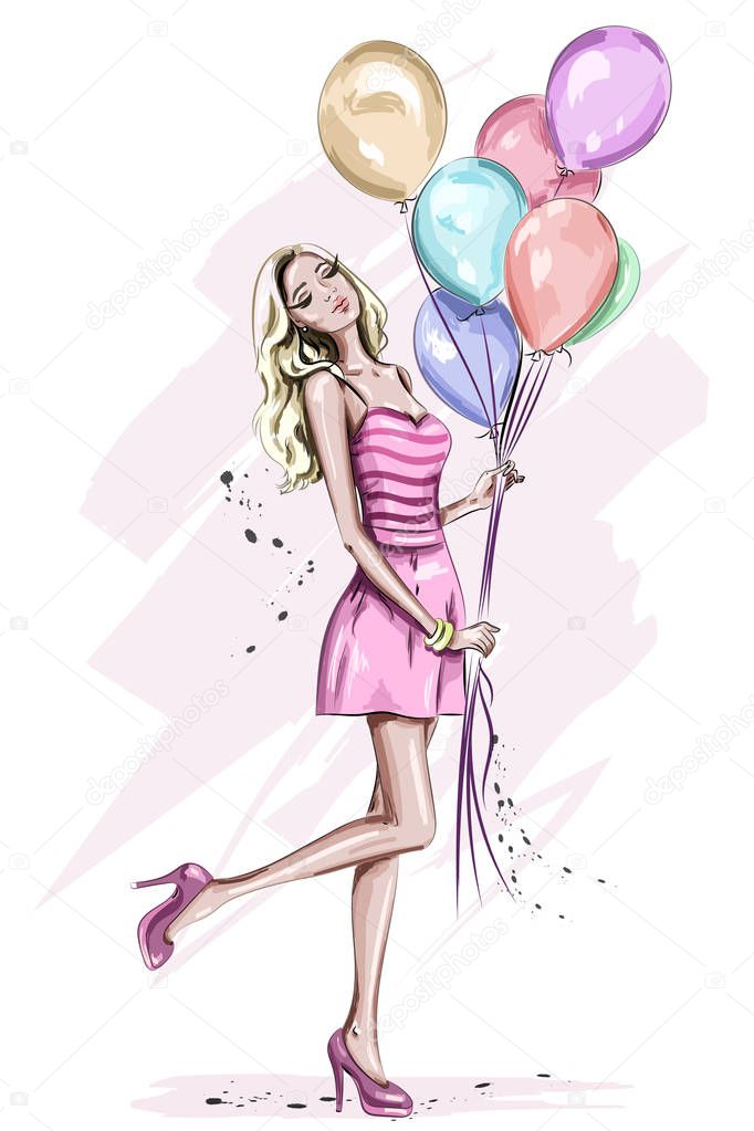 Beautiful young woman with colorful birthday balloons. Stylish cute blonde hair girl in pink dress. Hand drawn woman in fashion clothes. Sketch. Vector illustration. 